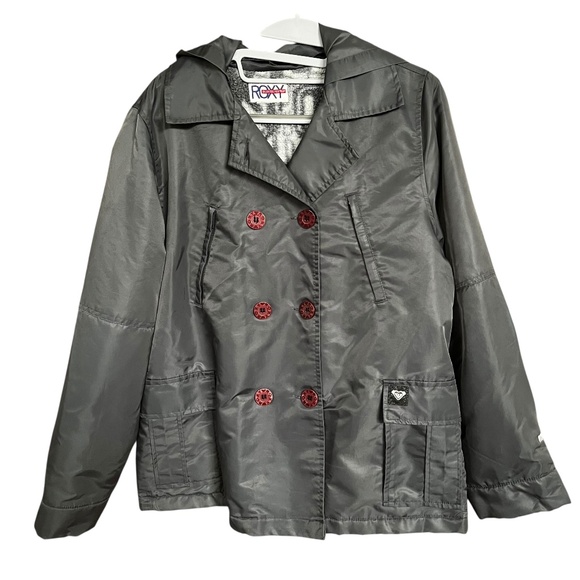 Roxy Gray Double Breasted Sherpa Lined Removeable Hood Winter Rain Jacket Size M - Picture 1 of 8